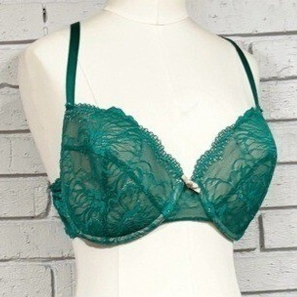 Heidi Klum Intimates Emerald Green Floral Lace Underwire Bra Scalloped Trim 36DD
